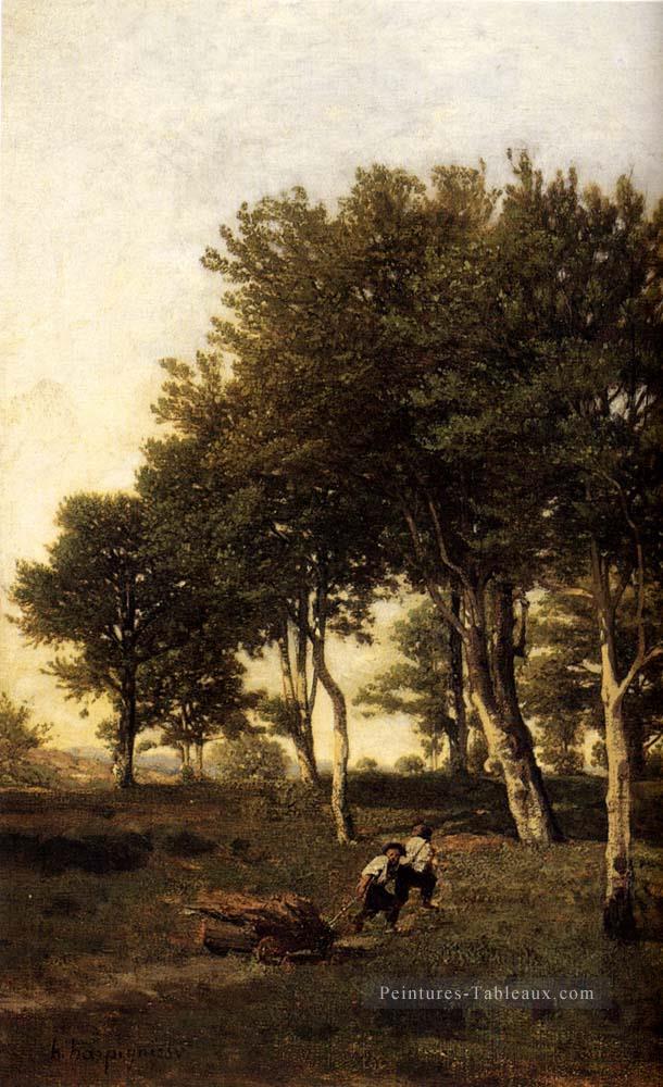 Paysage avec deux garçons portant du bois de chauffage Barbizon Henri Joseph Harpignies Peintures à l'huile